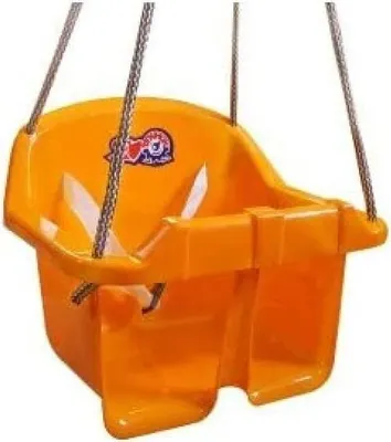 A bright orange plastic baby swing with white straps, suspended by metal chains against a white background.