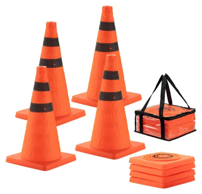 Produktbild von Wiltec 4x klappbarer Verkehrskegel 45 cm, Leitkegel zum Absichern, Pylone mit reflektierenden Streifen, Warnkegel inkl. Tasche