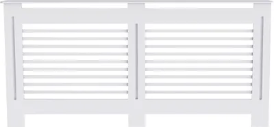 A white radiator cover with horizontal slats and a top shelf.
