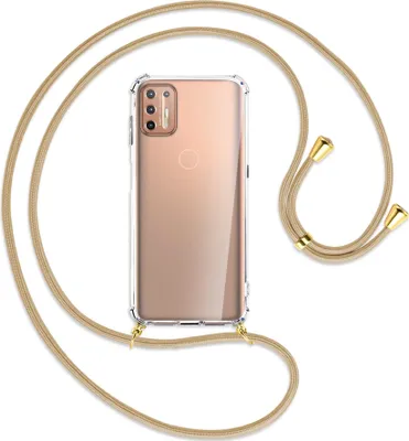 Produktbild von Handykette Backcover-Schutzhülle mit Band (Metall goldfarben) für Motorola Moto G9 Plus - broken white