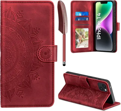 Produktbild von EASDNB iPhone 14 Lederhülle Wallet Case 6.1 Zoll Rot Schutzhülle