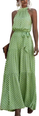 Productafbeelding van Maxi jurk met stippenprint, halterhals, open rug en taille met trekkoord, geschikt voor zomer en vakantie