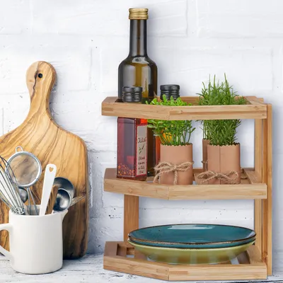Produktbild von Relaxdays Schrankeinsatz Bambus, HBT 25,5 x 25,5 x 25,5 cm, Eckregal für Arbeitsplatte & Küchenschrank, 2 Ablagen, natur