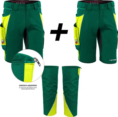 Produktbild von Qualitex kurze Arbeitshose - Moderne kurze Arbeitshose - 2x Herren Shorts IRON + Beinverlängerung - in Farbe: grün/warngelb - Herren: 64 - Damen: 58