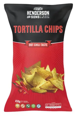 Zdjęcie produktu dla Henderson and Sons Tortilla Chips Hot Chilli Taste Chipsy ziemniaczane 450g