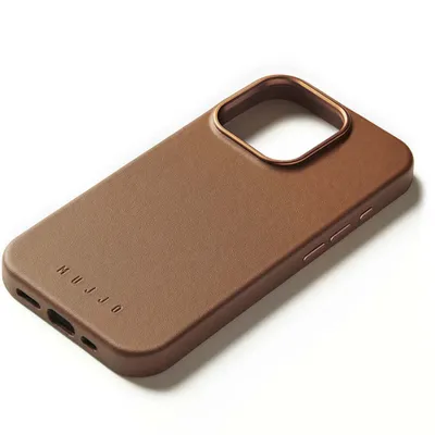 A brown leather phone case with a bronze camera ring and embossed brand name.