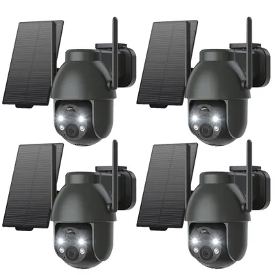 Image de 4 pièces 2K caméra de surveillance extérieure batterie 360°PTZ caméra WLAN avec vision nocturne couleur caméra solaire surveillance extérieure PIR détecteur de mouvement 2 voies audio Alexa