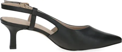 A side profile of a black slingback pump.
