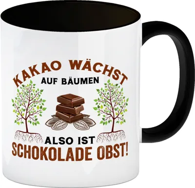 Produktbild von Kakao Kaffeebecher in schwarz mit Spruch Schokolade ist Obst