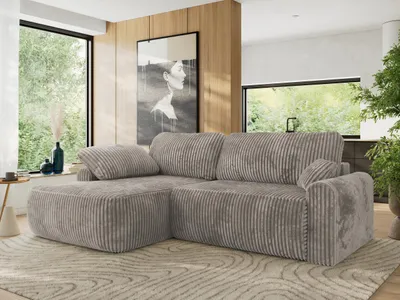 Produktbild von MKS MEBLE Ecksofa CUBO L-form, lose Kissen, Ecksofa 273x187x100 cm mit Schlaffunktion, Bettkasten - Grau Cord - Links Seite