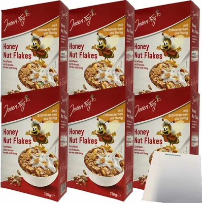 Produktbild von Jeden Tag Honey Nut Flakes Cornflakes mit Honig und Erdnusskernen 6er Pack (6x750g Packung) + usy Block