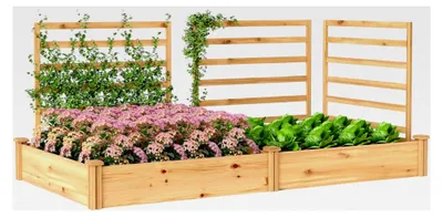 Produktbild von Hochbeet mit Rankgitter aus Holz, Blumenkasten mit 3 Spalier-Trennwänden und offenem Boden, Pflanzkasten für Kletterpflanzen im Garten oder auf dem Balkon, 240 x 125 x 102 cm, Naturholz