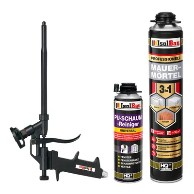 Produktbild von Isolbau Mauermörtel Pistolenschaum SET - Teflon Schaumpistole, PolyurethanReiniger Montageschaum Klebeschaum PolyurethanMörtel 1 x 750ml