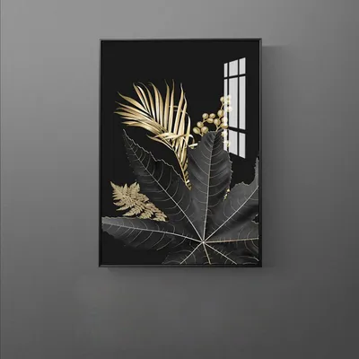Produktbild von TPFLiving Kunstdruck LW-57 (OHNE RAHMEN) Poster - Leinwand - Wandbild - Hochauflösender Giclée-Druck, langlebig und hochwertig - Nordic Art - Goldene Blätter und Federn auf schwarzem Hintergrund -  - Größe: 50x70cm