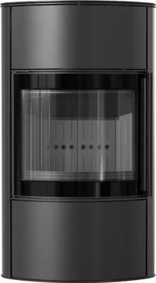 A black steel wood-burning stove is shown from the front against a white background.
