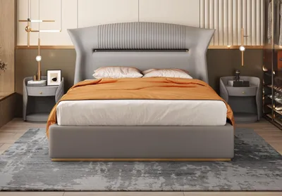 Produktbild von Graues Leder Bett Design Schlafzimmer Möbel Doppelbett Luxus Hotel Einrichtung