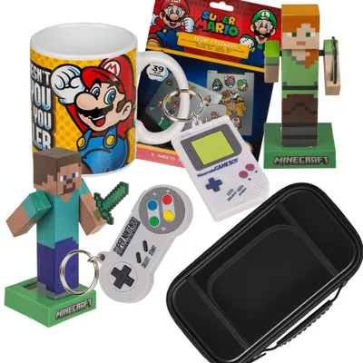 Produktbild von Nintendo meets Minecraft Geschenkset – Super Mario Becher, Minecraft Figuren, Schlüsselanhänger & Switch 2 Case Schwarz – Gamer Bundle für Fans