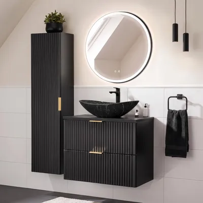 Zdjęcie produktu dla Zestaw mebli łazienkowych z umywalką 81 cm, wysoką szafką, lustrem LED i ceramiczną umywalką, czarny matowy rowkowany front, ADELAIDE-56-BLACK, szer./wys./gł. ok. 130/200/46,5 cm