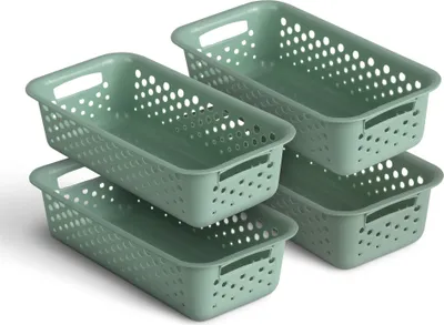 Four green storage baskets stacked and arranged on a white background.