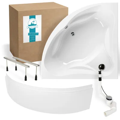 Produktbild von Calmwaters® Eckbadewanne Komplettset 140x140 cm mit Schürze, Wannenfüßen & Ablaufgarnitur, Acrylwanne Original, Duowanne für 2, Set Badewanne komplett, Duo-Badewanne 140 x 140 cm, Weiß, 99000090