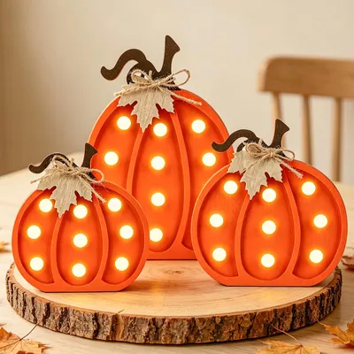 Holz-Kürbisse mit LED-Lichtern, Herbstdeko, 3er-Set