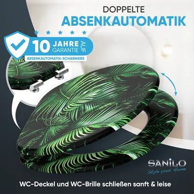 A toilet seat with a palm leaf pattern is shown, with text highlighting its features and warranty.