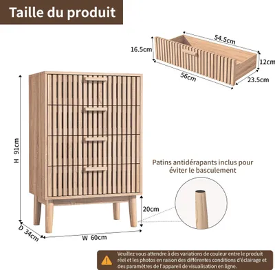 Obrázok produktu pre Komoda/príborník – úložný nábytok – 4 zásuvky – drevo – moderný vidiecky štýl – do obývačky/spálne – vyžaduje montáž – prírodná farba