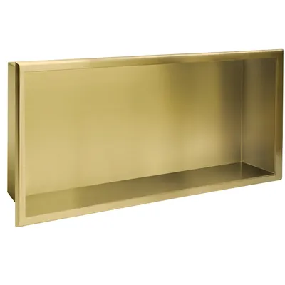 A rectangular recessed shelf with a brushed gold finish, shown from a slightly elevated side angle against a white background.