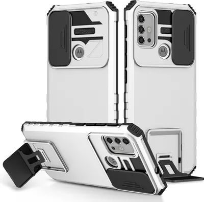 A white and black phone case with a kickstand and a sliding camera cover is displayed from multiple angles.