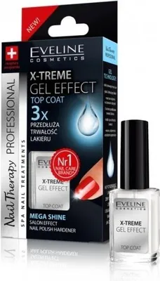 Product packaging for a nail polish top coat, with the product bottle shown next to it.