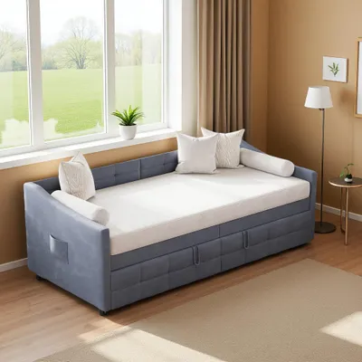 Obrázek produktu pro UnboxG Rozkládací pohovka 90×200 cm Šedá sametová, rozkládací pohovka s hydraulickým mechanismem, 2 v 1 pohovka a postel s boční kapsou