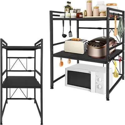 Produktbild von JOIEYOU Mikrowellen Regal 3-stufiges Erweiterbares Regal Küche Mikrowellenregal Standregal mit 3 Haken Küchenregal Organizer für Küchen Arbeitsplatte und Aufbewahrung, Schwarz