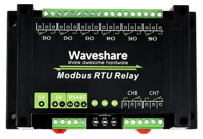 Productafbeelding van Waveshare industriële Modbus RTU relaismodule, 8-kanaals relais met RS485-interface, met meerdere isolatiecircuits voor industriële besturingstoepassingen