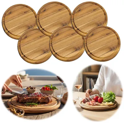 Produktbild von LS-LebenStil 6 x Fleischteller 25cm Rund Akazie Holz 6´er Set Steakbrett Brotzeitbrett Schneidebrett Servierteller Pizzateller Vesperbrett Käsebrett