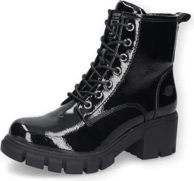 A single black patent leather boot with laces and a thick sole, shown from a three-quarter angle against a white background.
