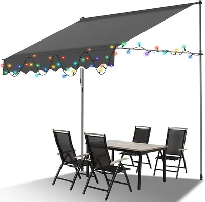 Produktbild von Klemmmarkise 400 cm breit mit LED Beleuchtung, Markise ohne Bohren mit Handkurbel, UV-beständig, Sonnenschutz und Wasserdicht, Anthrazit