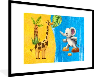 Produktbild von MuchoWow® MuchoWow® Gerahmtes Poster Elefant - Giraffe - Wasser 90x60 cm - Poster mit zchwarzem Bilderrahmen - Wanddekoration - Fotos