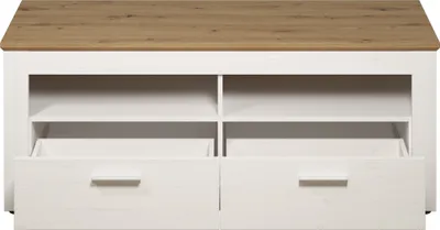 Zdjęcie produktu dla Stolik pod TV z 2 szufladami i 2 otwartymi półkami, jasne drewno i białe wykończenie, szerokość 148 cm - Shade