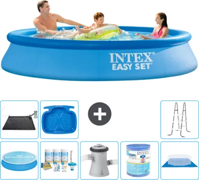 Produktbild von Intex runder aufblasbarer Easy Set-Pool – 305 x 61 cm – Blau – im Lieferumfang enthalten Sonnensegel - Wartungspaket - Filterpumpe für Schwimmbad - Filter - Bodenplane - Solarmatte