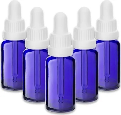 Produktbild von 5x Blaue Glasflasche 20 ml mit weißer Pipette Tropfpipette für Öl leer