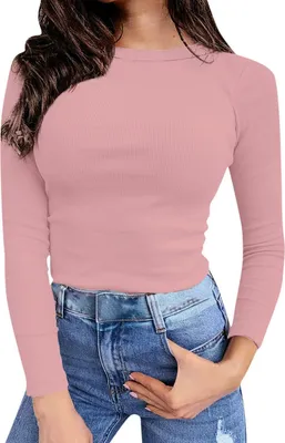 Produktbild von ASKSA Damen Gerippt Langarmshirt Slim Fit Langarm Oberteile Basic T-Shirt Top Pullover, Rosa, XL