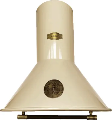 A cream-colored retro range hood with gold accents and branding.