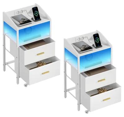 Image de Table de chevet - Table de nuit - Petite table d'appoint - Rangement - Meuble de chevet - Avec éclairage LED - Station de charge USB