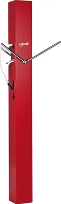 A red rectangular clock with silver hands and a silver accent piece.