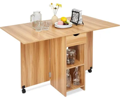 Immagine prodotto di Tavolino pieghevole con una cassettiera e due ripiani, in legno di frassino tinto rosso, dimensioni 72 x 120 x 75 cm