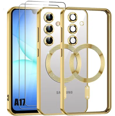 Image de Coque + 2 Verres Trempés pour Samsung Galaxy A17 4G/5G, avec Anneau Magnétique Protection Caméra - Doré