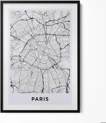 Produktbild von Stadtplan Paris Frankreich– Wandbild mit Rahmen – Gerahmtes Bild  – Wanddekoration – 70x100 cm –  Schwarz Rahmen