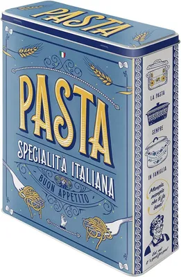 A rectangular tin box with a vintage-style illustration of pasta and Italian motifs.