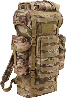 A camouflage backpack is shown against a white background.