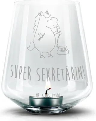 Produktbild von Mr. & Mrs. Panda Laterne Einhorn Sekretärin - Transparent - Geschenk, Unicorn, Steuerbüro, Steuerkanzlei, Einhörner, Glas Windlicht, gravur, Kerzenhalter, Büro